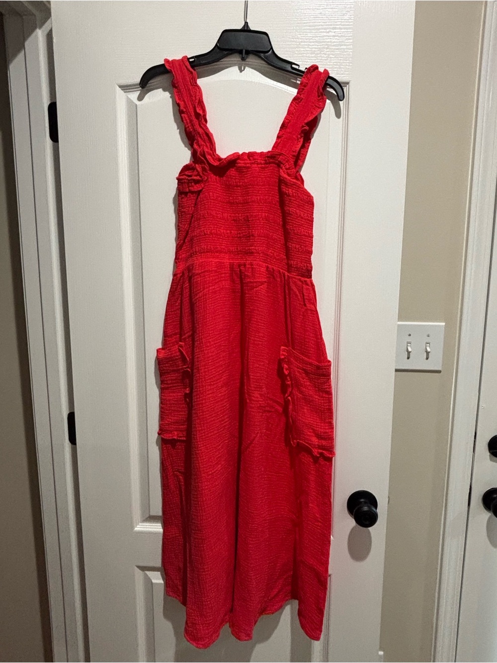 Bright Red Ruffled Strap Midi Dress